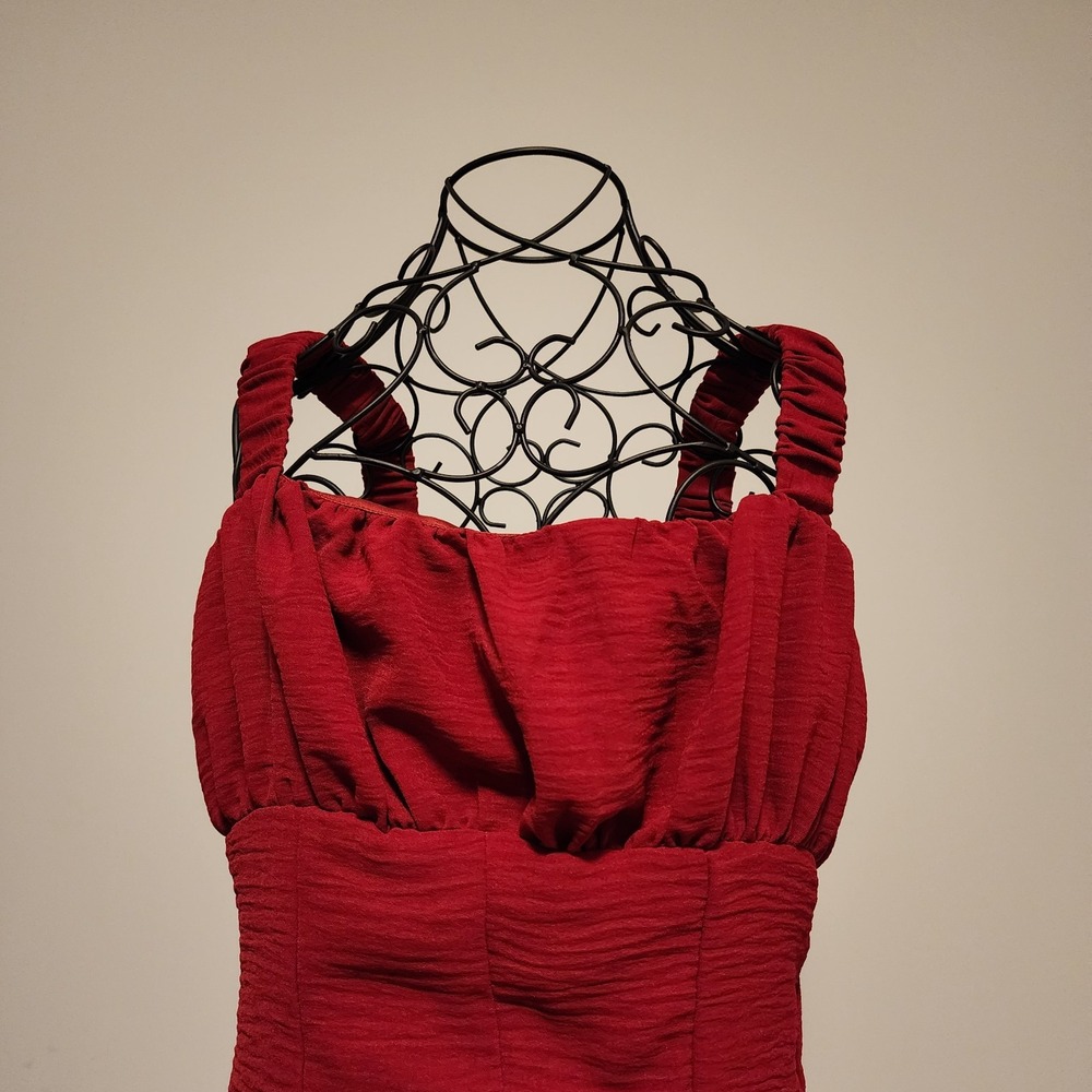 Urban Outfitters Red Ruched Bubble Hem Mini Dress Textured Fit & Flare Size S - Picture 3 of 7